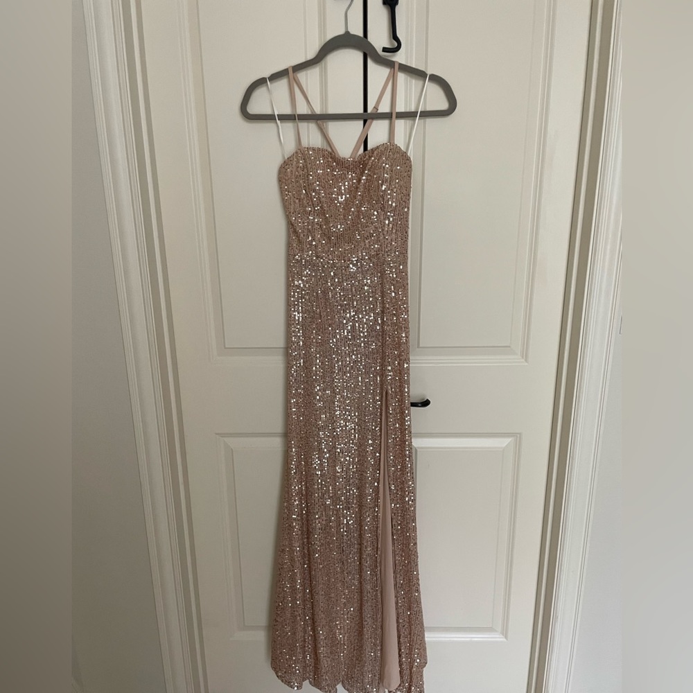 Dear Emilia Gold Sequin Maxi Dress with slit. Size: Medium.